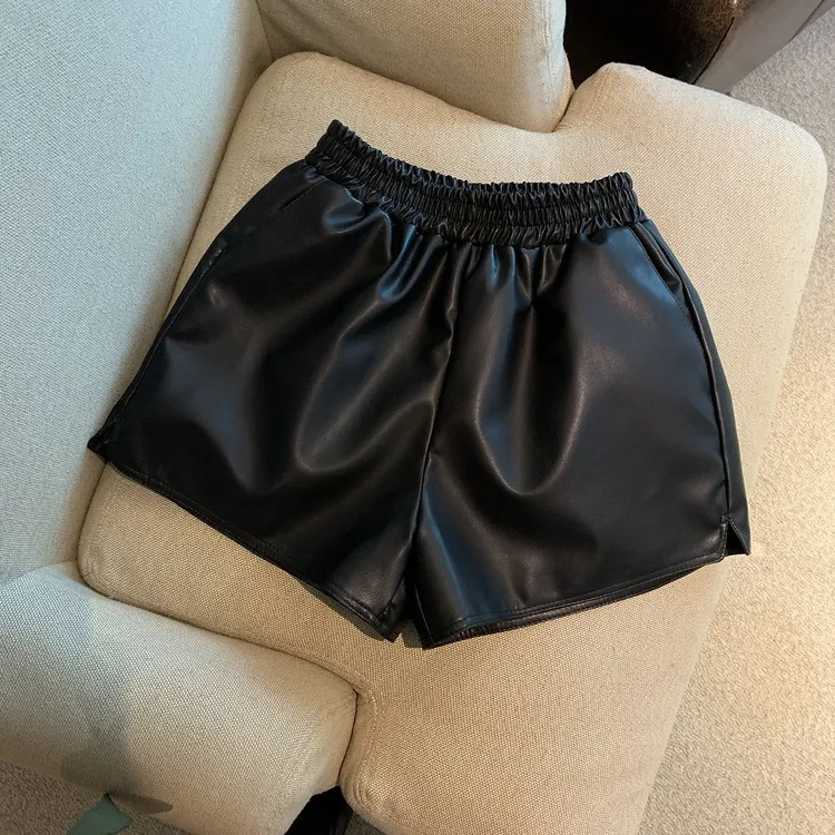Pu Leather Shorts Women High Waist Loose Split Casual Pants - Black