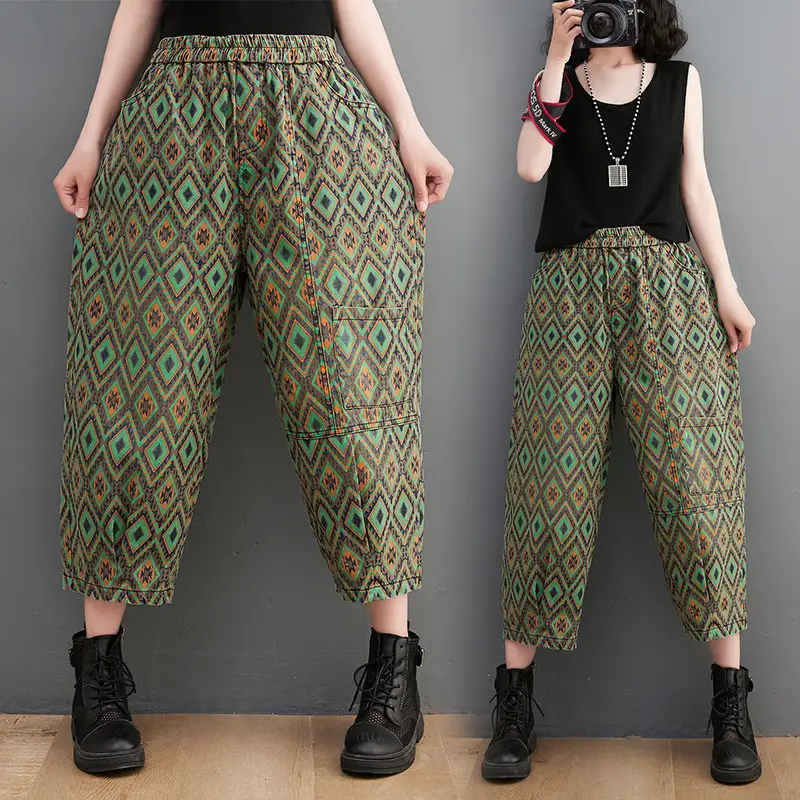 Women's Denim Print Casual Cropped Pants