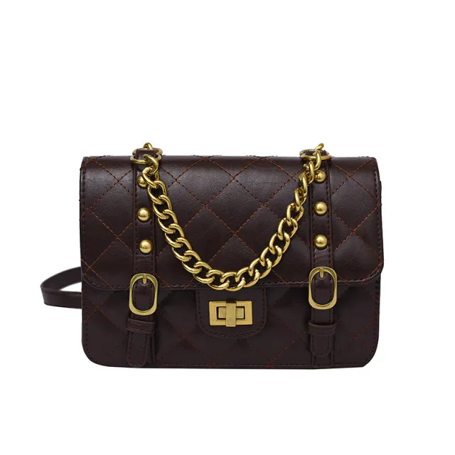 PU Small Fragrant Style Rhombus Square Bag Fashion Contrast Color Retro Simple Brown - Shop at LoveMi