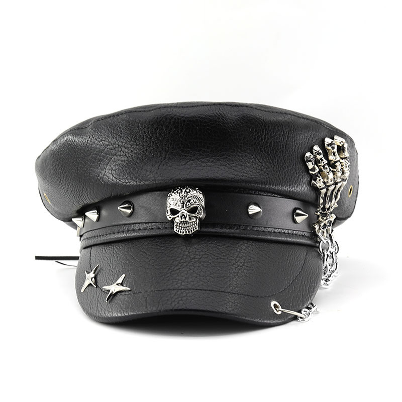 Men's And Women's Black PU Leather Skull Head Spider Chain Stud Decorated Party Style Peaked Cap For Halloween Party Costume, Gathering, Performance Hat