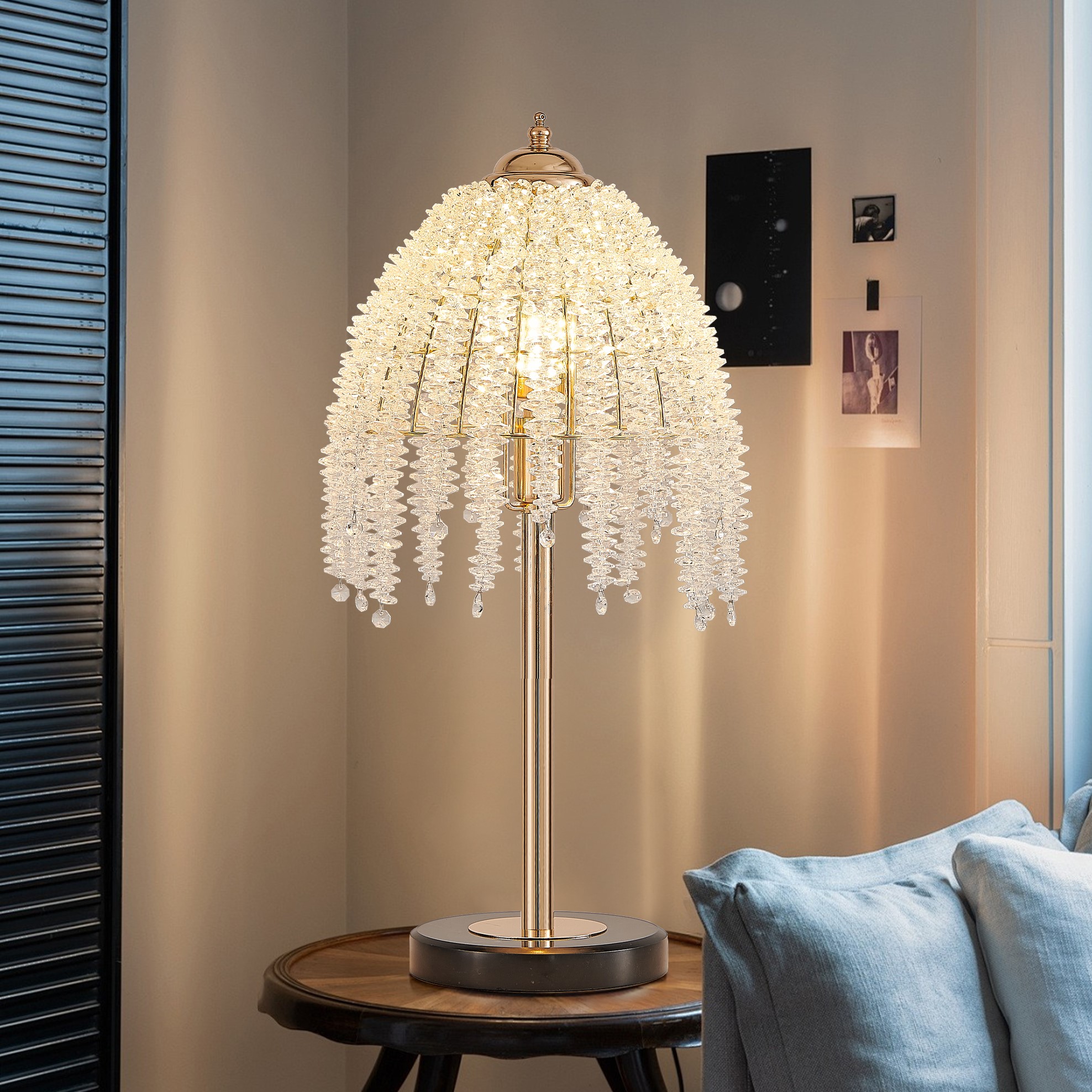 19 H Elegant Crystal Table Lamp Vintage Waterfall Design With Crystal Bead String Shades And Marble Textured Base For Living Room, Bedroom, Or Office Bulb Not Included