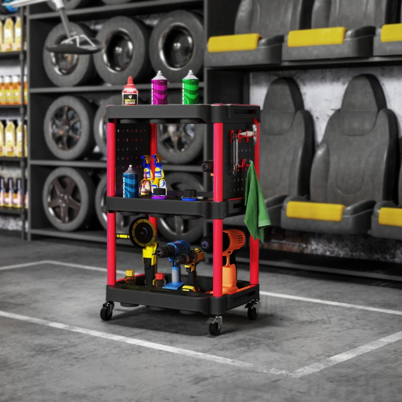 3-Tier Rolling Tool Cart, 200 LBS Capacity Plastic Utility Cart With Side Shelves For Garage, Workshop, Black And Red