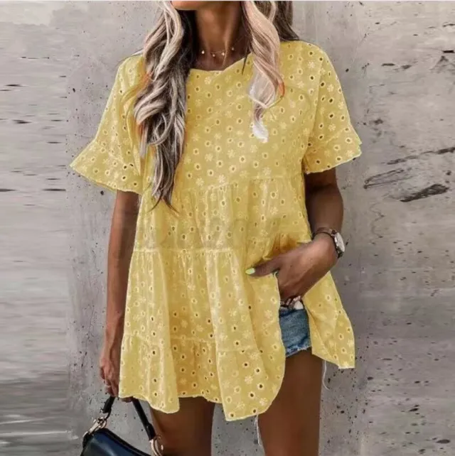 Women's V neck Lace Cotton And Linen Short sleeved Shirt Yellow - Shop at LoveMi