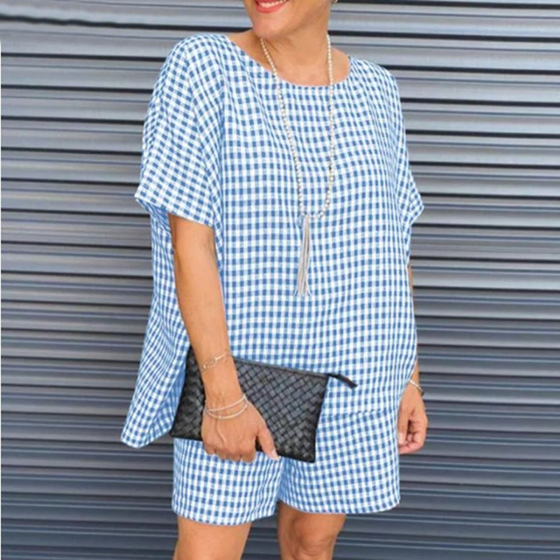 Casual Check Crew Neck Short Sleeve Shorts