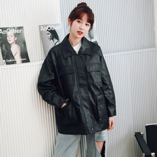 Motorcycle Leather Leather Jacket Mid length Windbreaker PU Leather Jacket Black - Shop at LoveMi
