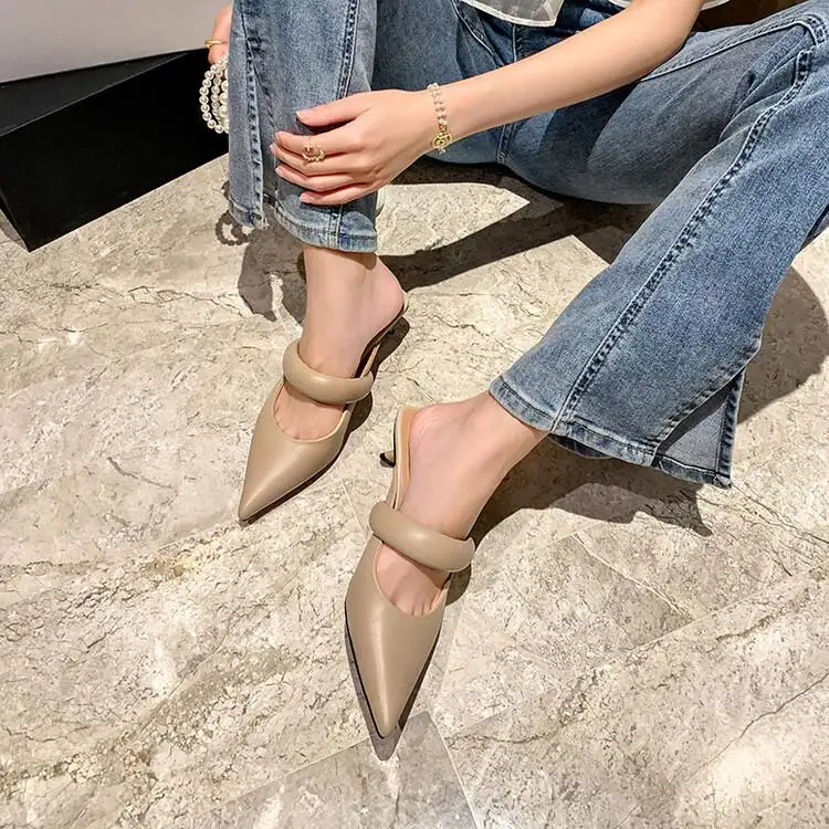 Pointed Toe High Heels Leather Apricot Toe Half Slippers