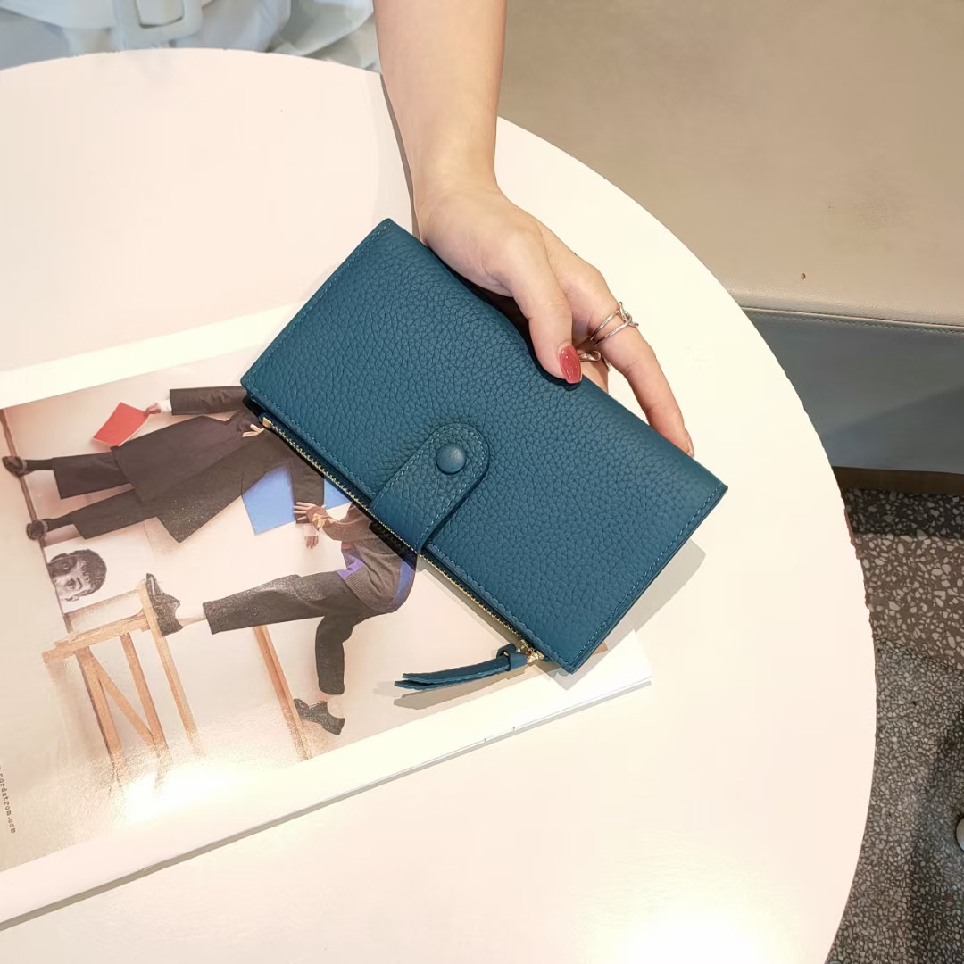 Cowhide Women's Wallet Card Bag Thin Buckle 2 Fold Wallet Blue - Shop at LoveMi