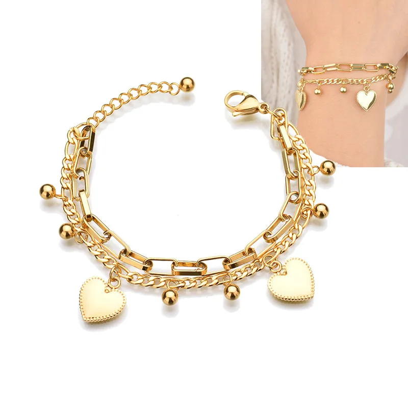 Stainless Steel Mixed Chain Heart Charm Bracelet For Women