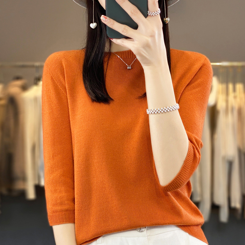 Front Line Ready-made Garments Worsted Sweater Half Sleeve Round Neck Pure Color All-matching Loose T-shirt