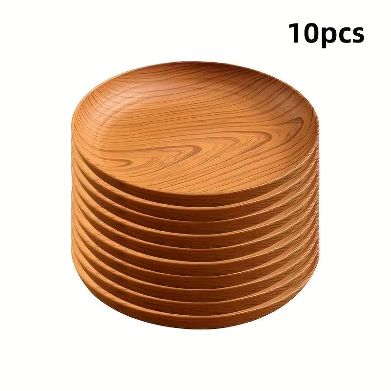 10 Creative Wood Grain Plastic Plates - Round Striped Design, High-Quality Lightweight, Suitable For Home, Dessert Shops 17