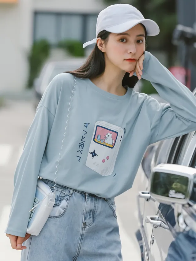 Pure Cotton Long sleeved T shirt Women's Thin Loose Bottoming Round Neck Top Light Blue - Shop at LoveMi