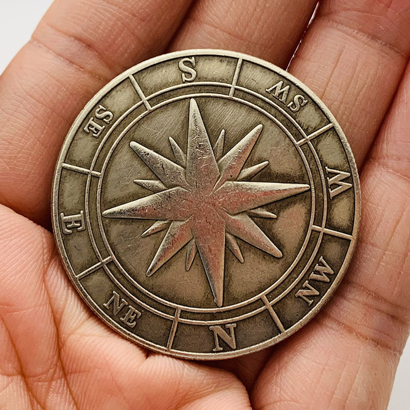 Deep engraving compass brass old silver coin craft handle