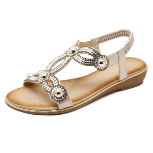 Vacation Beach Seaside Casual Sandals Rhinestone Flat Women's Cool Gold - Shop at LoveMi