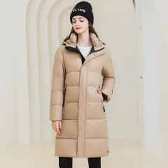 Winter Warm Hooded Coat With Pockets Fashion Simple Long Cotton Jacket Solid Color Outwear Women's Clothing - Khaki - View 1