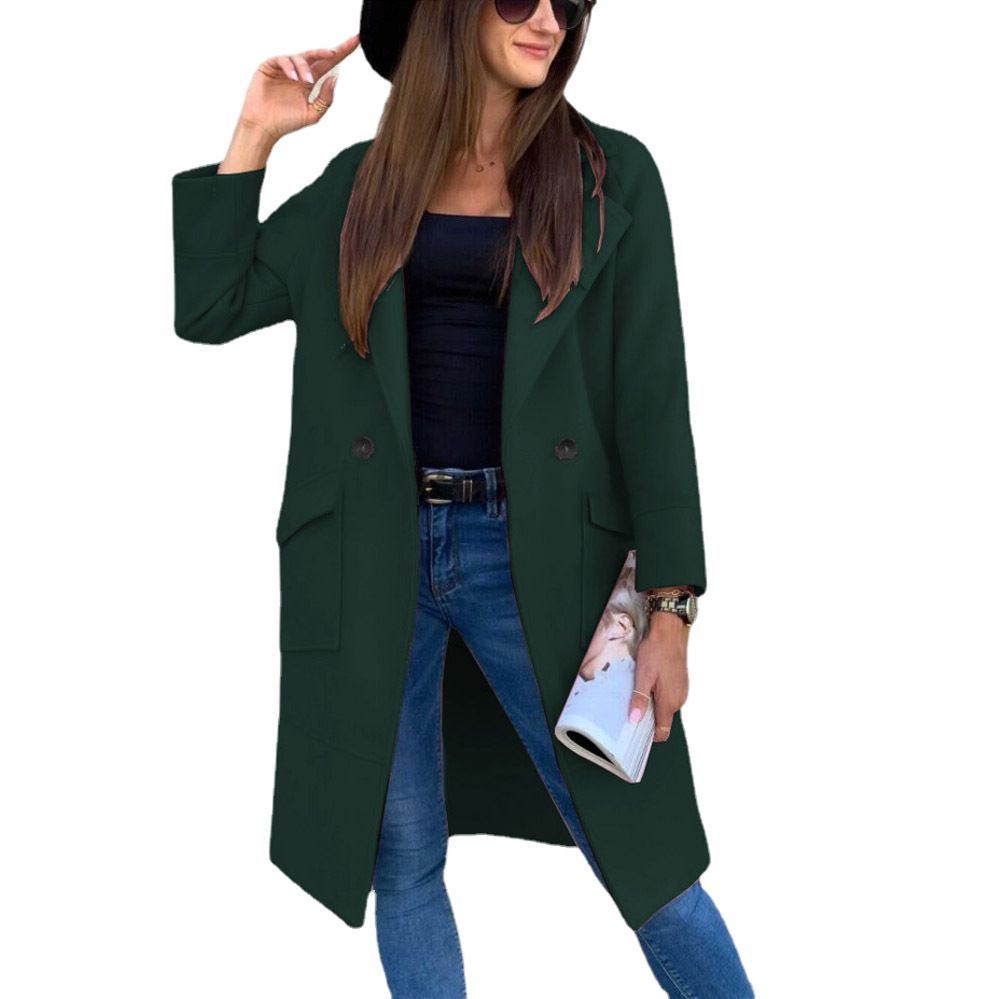 Autumn And Winter Solid Color Long sleeved Suit Collar Button Pocket Wool Coat Dark Green - Shop at LoveMi