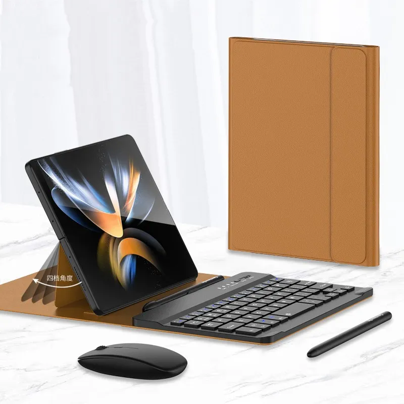 Wireless Keyboard Folding Leather Case Folding Mobile Phone Creative Holder Bluetooth Mouse – image 3