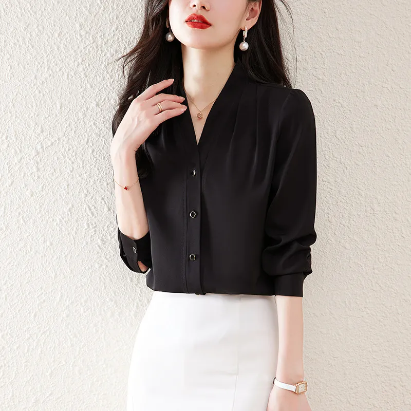Mulberry Silk Women's New Long Sleeve V-Neck Shirt Top - Black