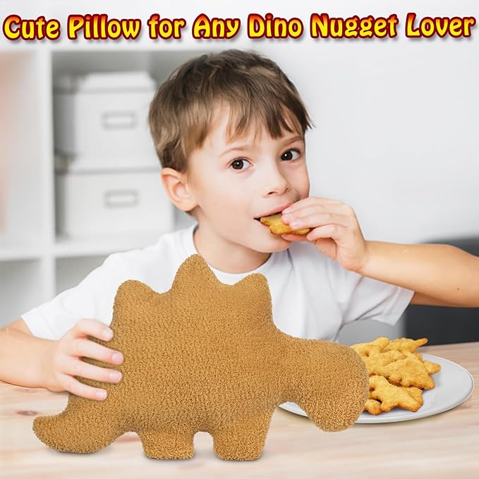 dinosaur nugget pillow with dinosaur chicken nuggets on it, ideal for teens as a funny birthday gift, 18 inch stegosaurus dino chicken nugget plush pillow, unique and humorous throw pillow