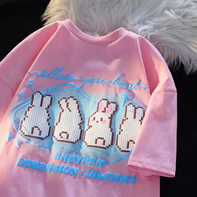 Cute Bunny Loose Versatile Academy Short Sleeve Pink - Shop at LoveMi