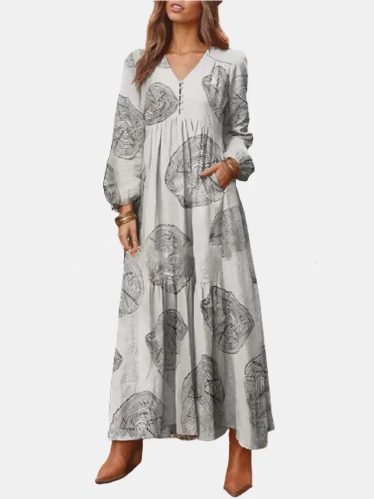 Autumn And Winter V-neck Concealed Long Puff Sleeve Retro Folk Style Loose Big Swing Dress