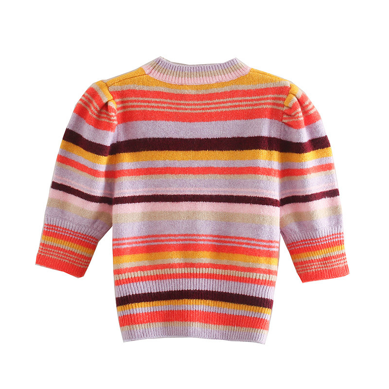 Title 10, Stripe Puffy Sleeve Round Neck Short Sweater Woman