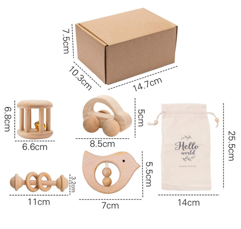 Natural Wooden Baby Rattle and Car Toy Set for Intellectual Development - MAMTASTIC