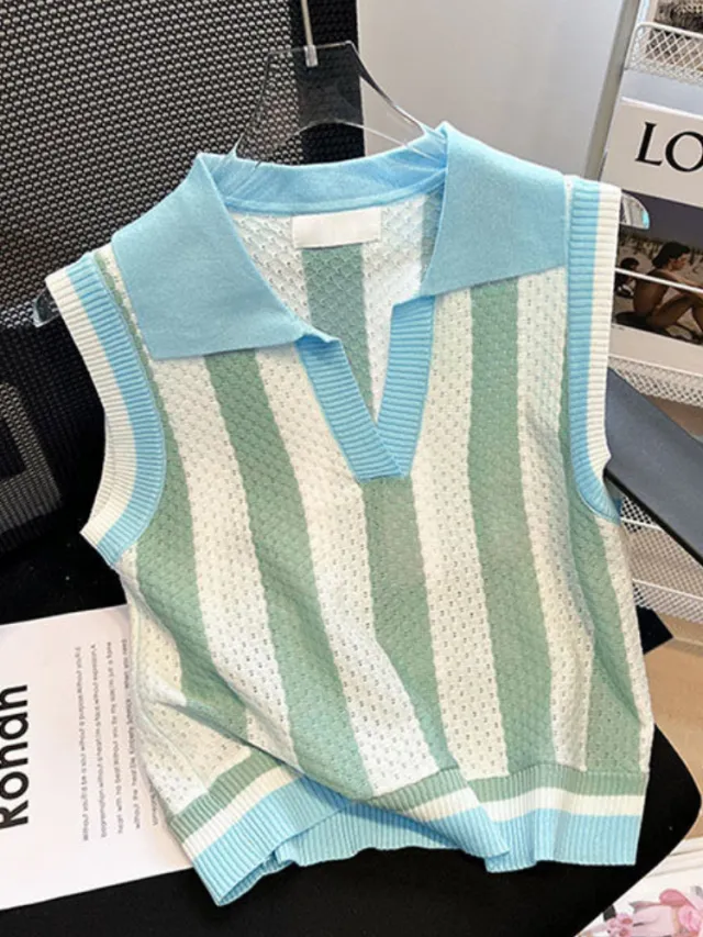 Contrast Color Stripes Polo Collar Sleeveless Knitwear Women Green - Shop at LoveMi