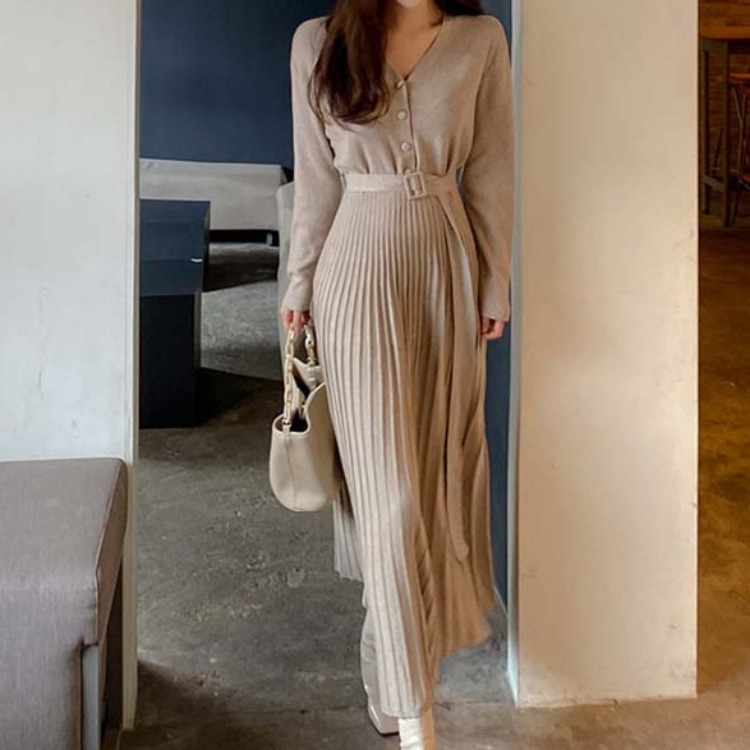 V-Neck Pleated Midi Dress