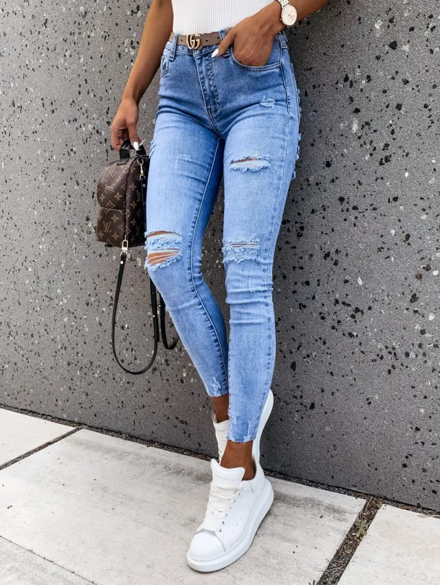 Women's New Style Trousers Wash Water Ripped Slim Fit All match Fashion Pants Light Blue - Shop at LoveMi