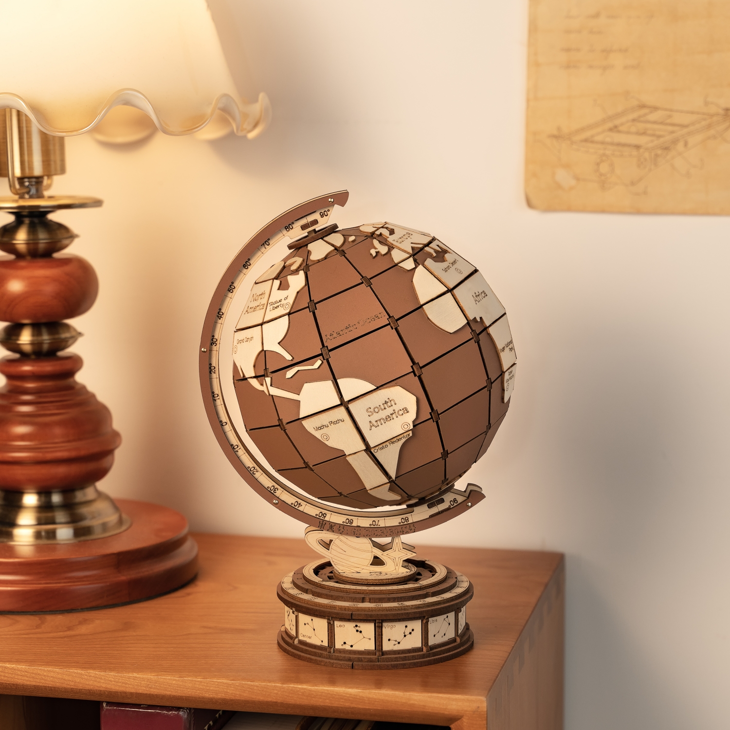 ROBOTIME 3D Wooden Globe Puzzle With Rotating Base