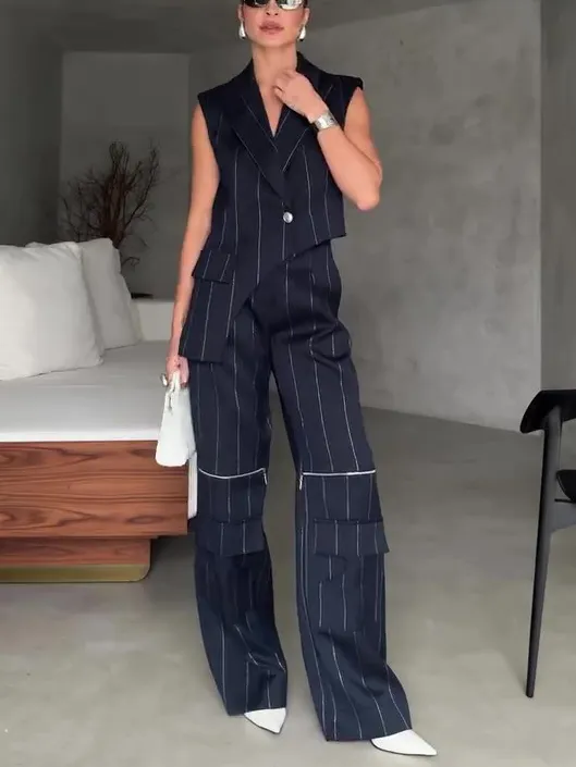Striped Irregular Hem Top Pocket Zipper Wide Leg Pants Suit Striped - Shop at LoveMi