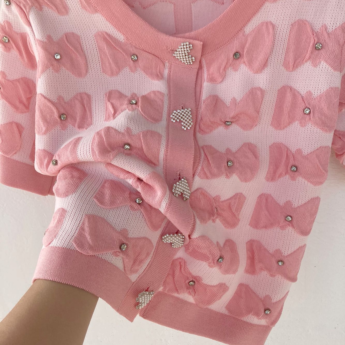 Knitted Short-sleeved Top Bow Knot Beaded Self-cultivation All-match Cardigan Tide