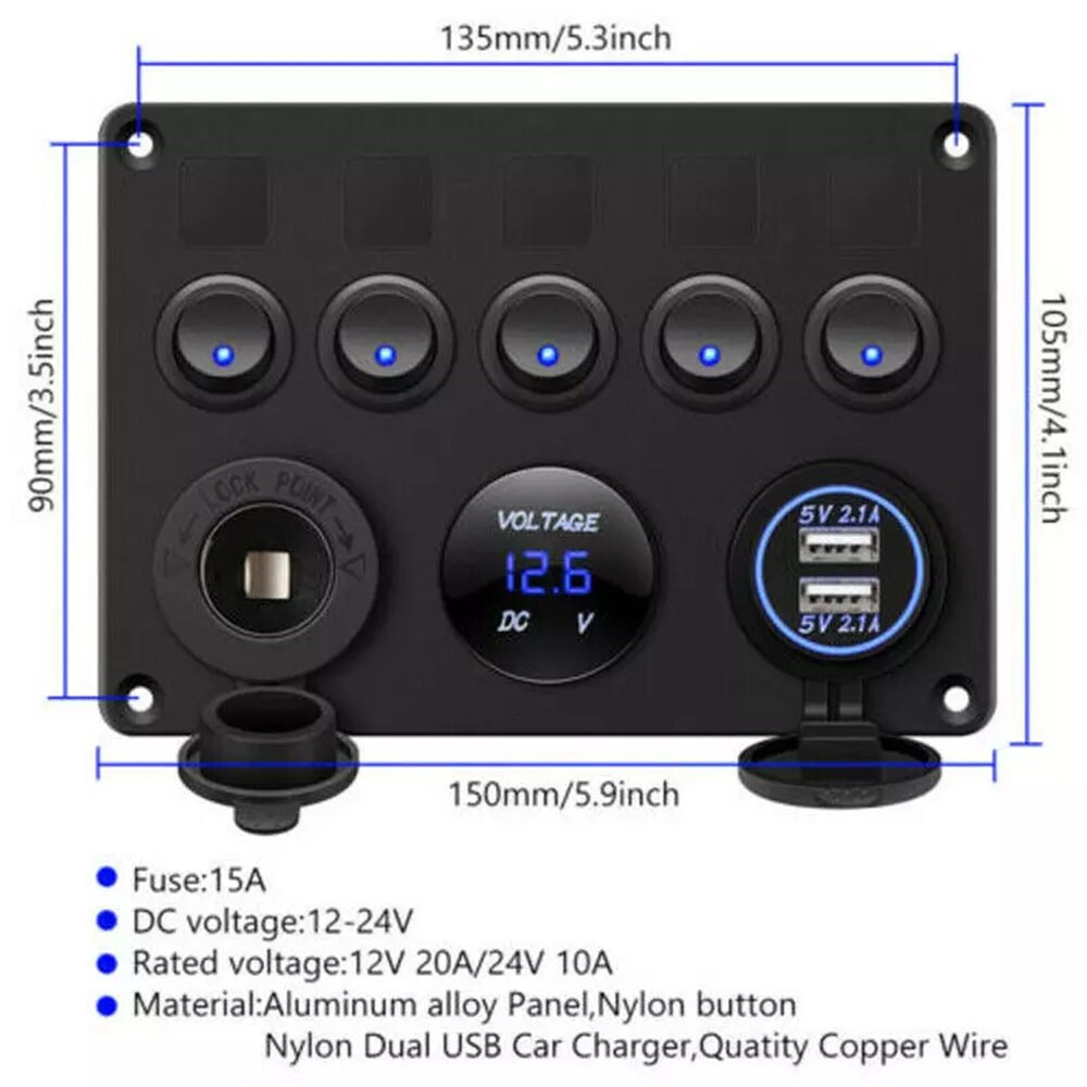 5 Gang 12V 24V LED Light Control Panel For Camper RV Car Boat Waterpoor — image 7