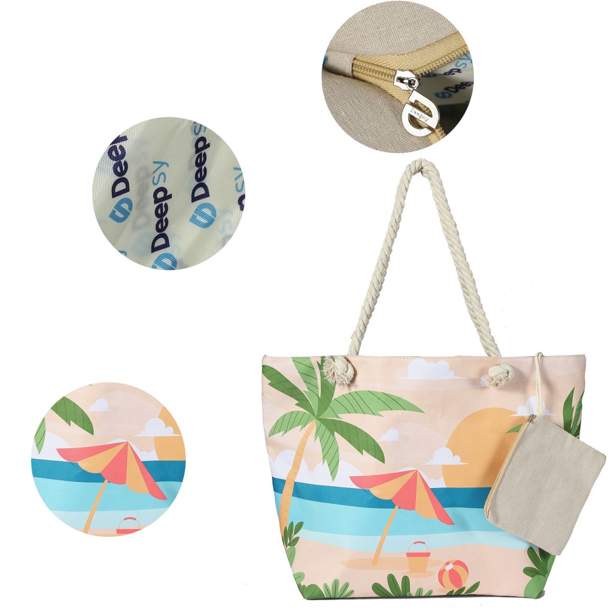 Waterproof Beach Tote Bag for Women. MATERIAL: Unique outer canvas material, inter polyester, hemp rope handle, foldable, easy to clean, waterproof and sandproof, durable and washable. LARGE BEACH BAG: Size 22.83 X 7.87 X 14.96 inch, there is enough space