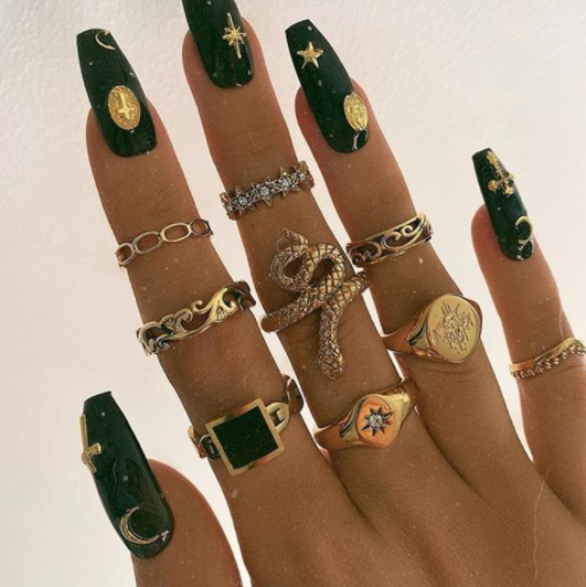 Floral Diamond Wave Snake Ring  Set Of 11