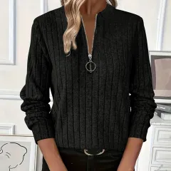 Women's Elegant Half-Zip Knit Sweater Round Neck Long Sleeve Pullover For Solid Colour Casual Wear - Black - View 1