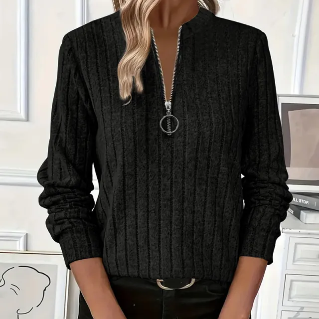 Women's Elegant Half Zip Knit Sweater Round Neck Long Sleeve Pullover For Solid Color Casual Wear Black - Shop at LoveMi