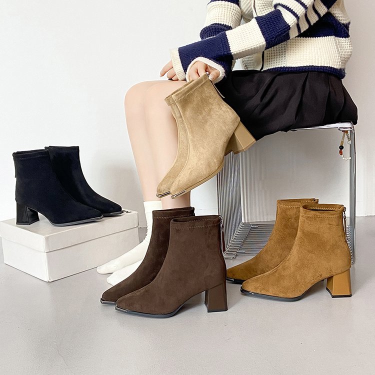 Versatile And Stylish Pointed Toe Thick Heel Suede Short Boots