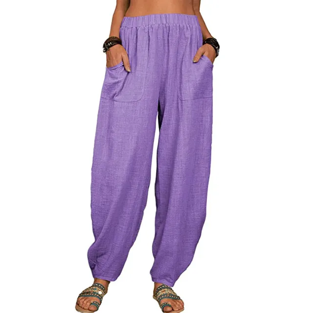 Casual Loose Harem Pants Summer Fashion Solid Color Pockets Trousers Womens Clothing Purple - Shop at LoveMi
