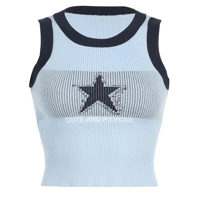 Star Contrast Color Vest Sleeveless Slimming Short Top Blue - Shop at LoveMi