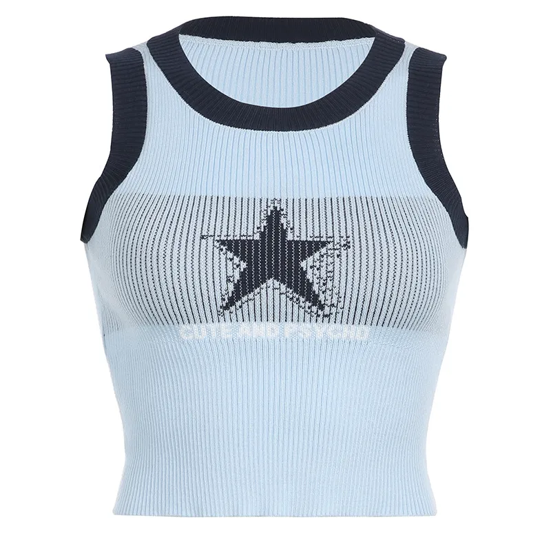 Star Contrast Color Vest Sleeveless Slimming Short Top - Blue