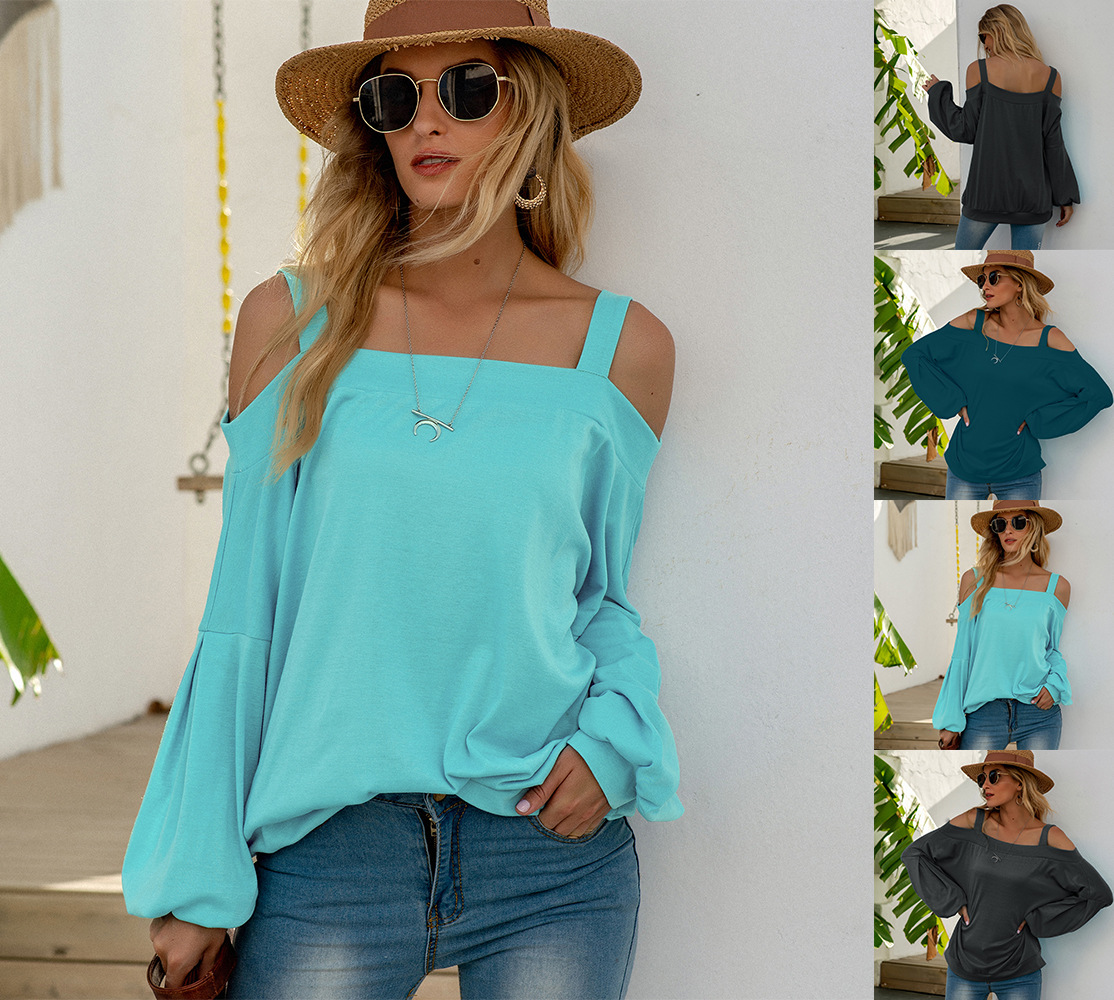 European And American Women's Off-shoulder Long-sleeved Solid Color Sweater