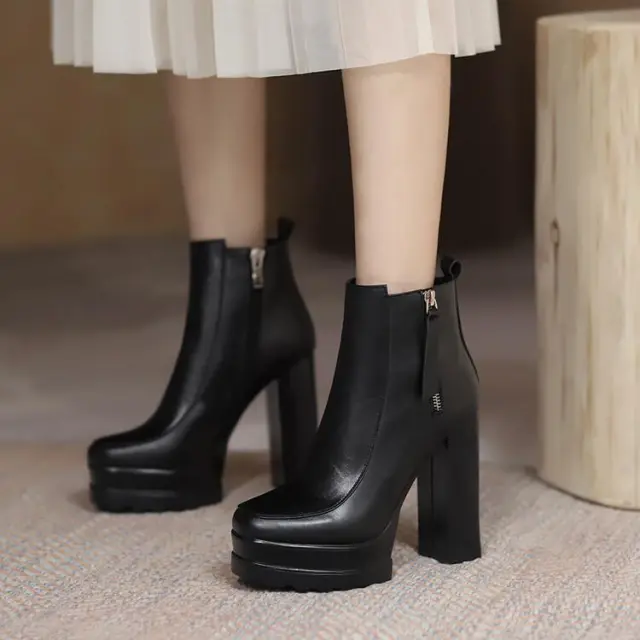 Commuter Round Toe Platform Chunky High Heel Ankle Boots Black - Shop at LoveMi