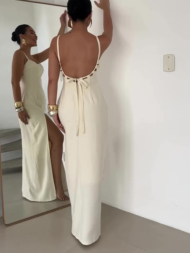 Cotton And Linen Slit Backless Strappy Dress