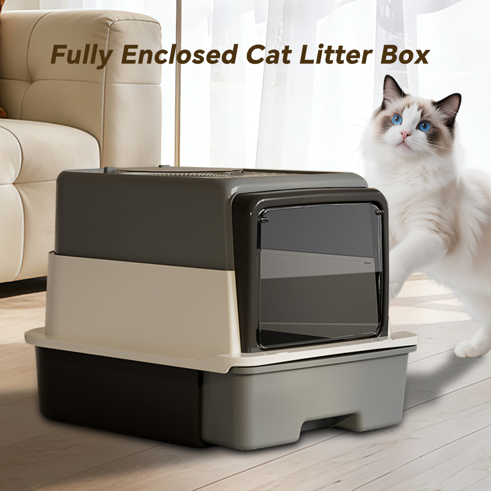 Front Flip Door Dual Opening, Anti-Splashing Anti-Tracking Odor Locking Cat Toilet With Free Scoop & Deodorant Pack