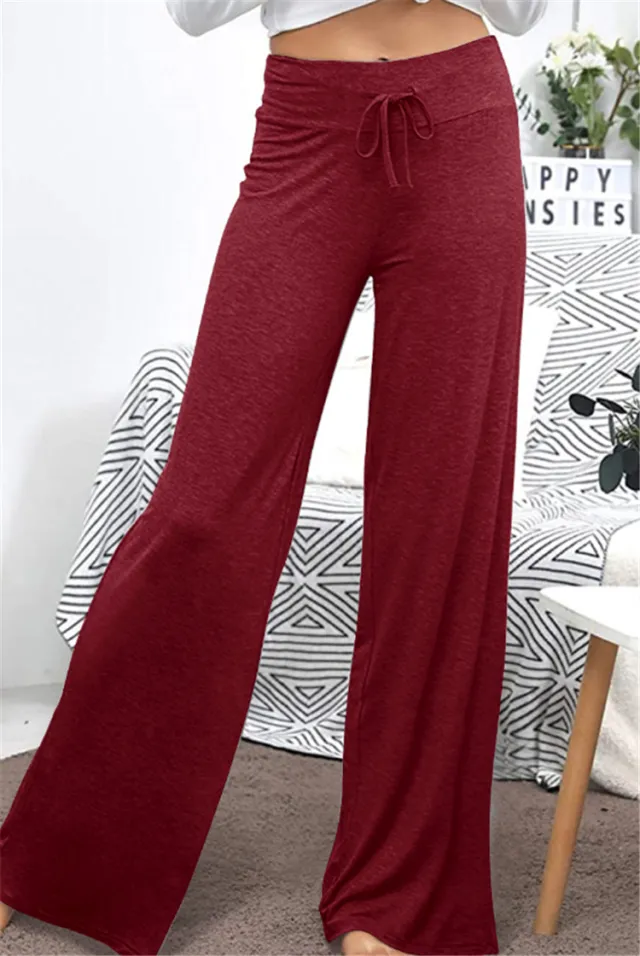 Loose Wide Leg High Waist Elastic Slacks In Solid Color Red - Shop at LoveMi