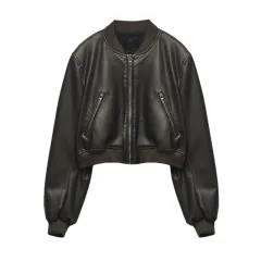 Vintage Stand-up Collar Loose Locomotive PU Imitation Leather Pilot Coat - Brown - View 1