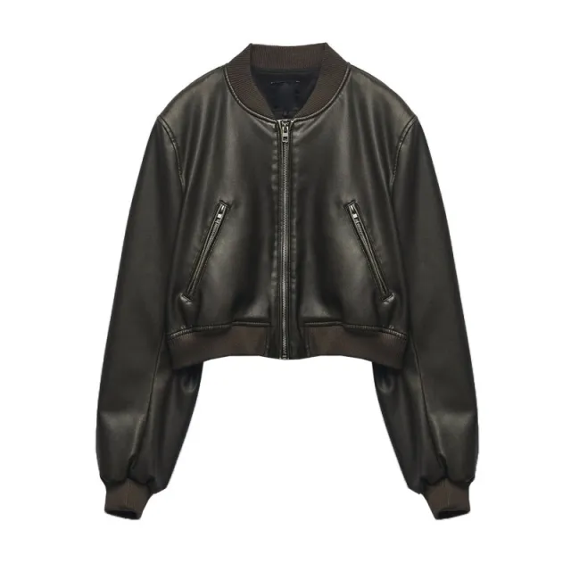 Vintage Stand up Collar Loose Locomotive PU Imitation Leather Pilot Coat Brown - Shop at LoveMi