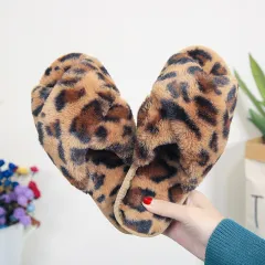 Cross-strap Fuzzy Slippers Leopard Plush House Shoes Flat Bedroom Slippers Slippers For Women - Leopard - View 1