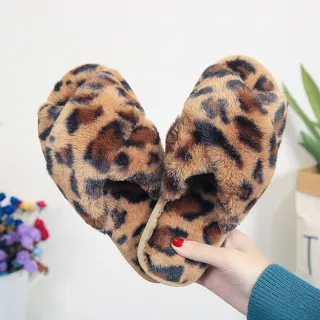 Cross-strap Fuzzy Slippers Leopard Plush House Shoes Flat Bedroom Slippers Slippers For Women - Leopard